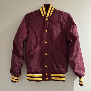 Vintage BUTWIN Baseball Jacket Burgundy Yellow White Stripe Ribbed Collar Cuffs
